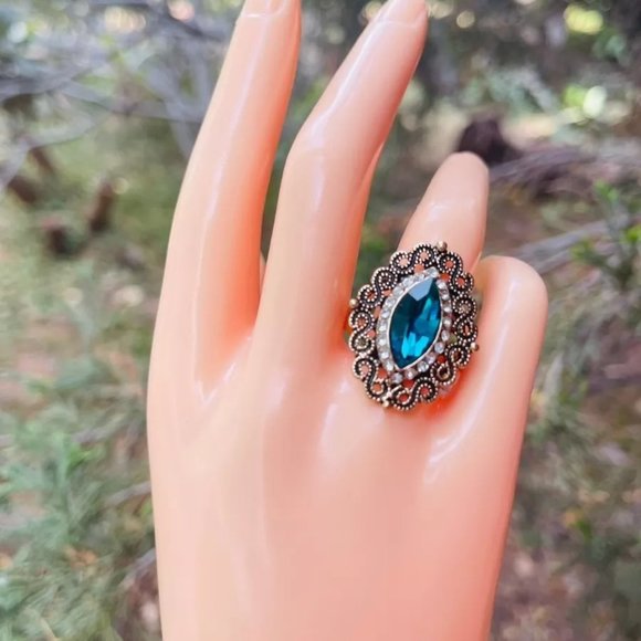 Vintage Blue Marquise Antique Gold Ethnic Ring - Picture 6 of 9